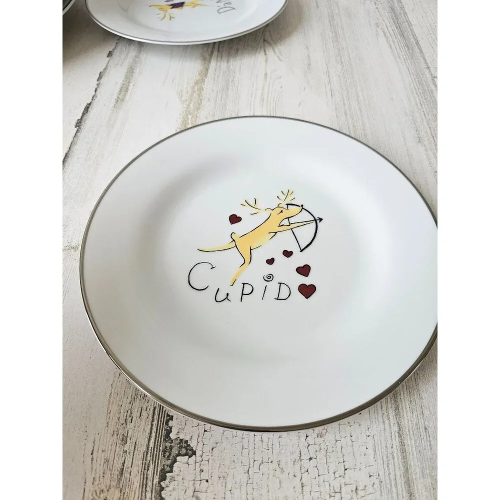 Pottery Barn‎ cupid reindeer salad plate Xmas bow 8.5